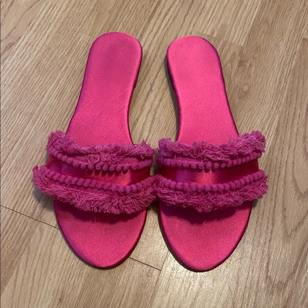 Pink Slide Sandals with Fringe